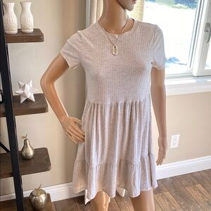Heather Beige Ribbed Baby Doll Style Short Sleeve Dress